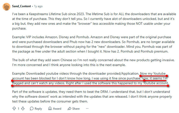 KeepStreams' review on Reddit