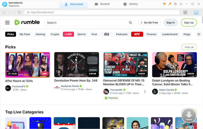 rumble videos page in VideoOne