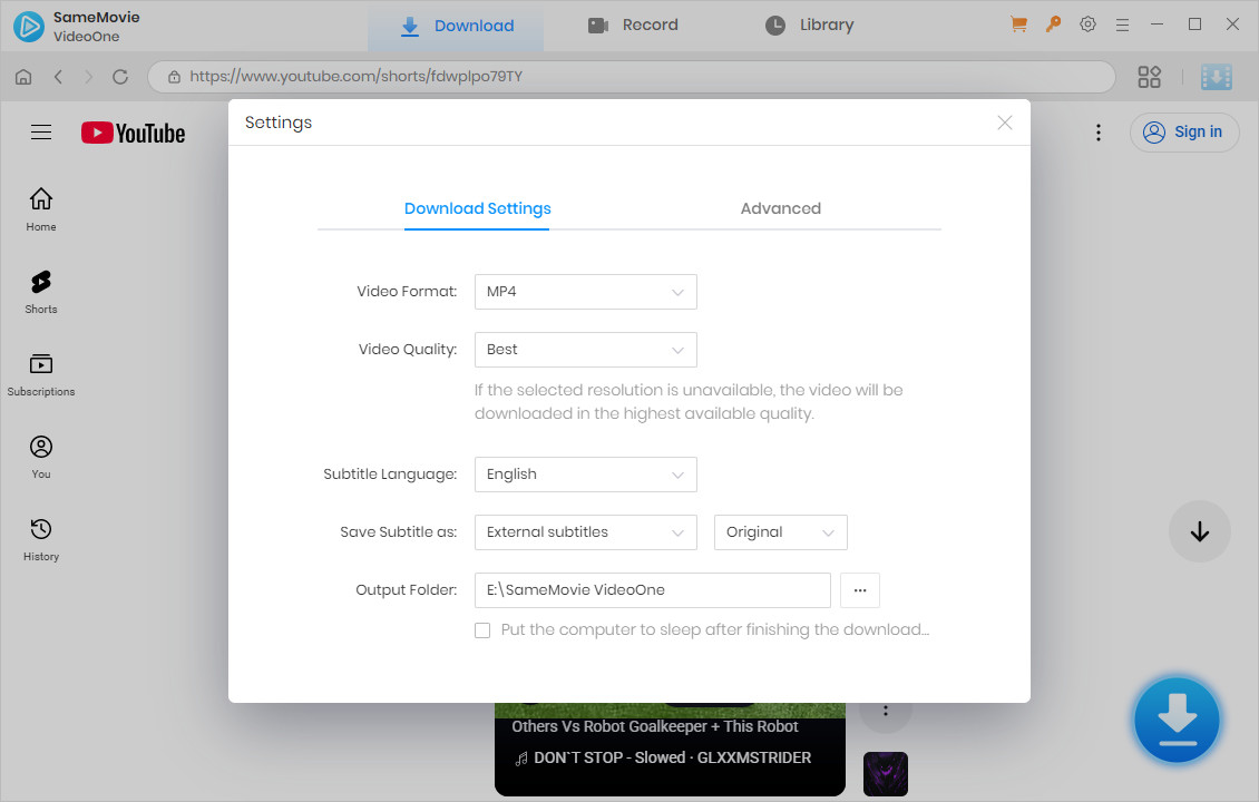 settings panel for output configuration