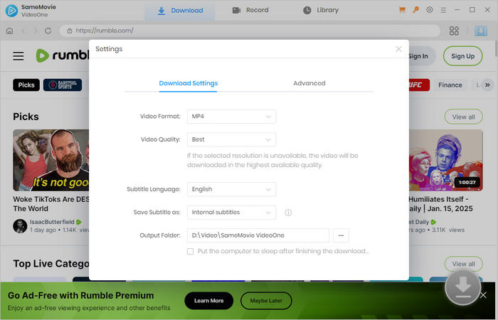 customize Rumble videos output setting
